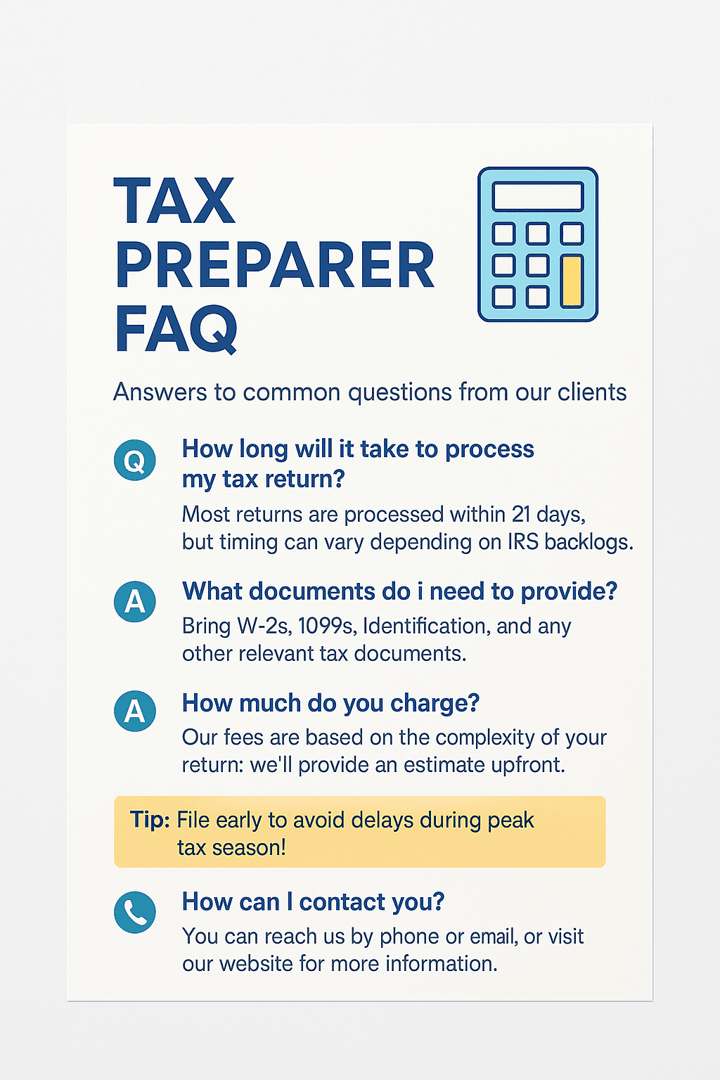 Tax Preparer FAQ - Common questions and answers about tax preparation services